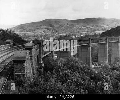 Walnut Tree Viaduct, a railway viaduct located above the southern edge of the village of Taffs Well, Cardiff, South Wales, September 1963. Made of Brick columns and Steel lattice girders spans. Stock Photo