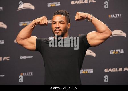 MIAMI, FL, Miami, Florida, USA. 27th Jan, 2022. MIAMI, FL- JANUARY 27: Kevin Lee faces-off for the upcoming bout in March while at the Eagle FC 44 - Spong vs Kharitonov event at FLX Cast Arena on January 27, 2022 in MIAMI, FL, United States. (Credit Image: © Louis Grasse/PX Imagens via ZUMA Press Wire) Stock Photo