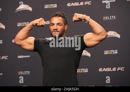 MIAMI, FL, Miami, Florida, USA. 27th Jan, 2022. MIAMI, FL- JANUARY 27: Kevin Lee faces-off for the upcoming bout in March while at the Eagle FC 44 - Spong vs Kharitonov event at FLX Cast Arena on January 27, 2022 in MIAMI, FL, United States. (Credit Image: © Louis Grasse/PX Imagens via ZUMA Press Wire) Stock Photo