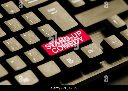 Conceptual display Stand up Comedy. Business idea a comic style where a comedian recites humorous stories Transferring Written Notes To A Computer Stock Photo