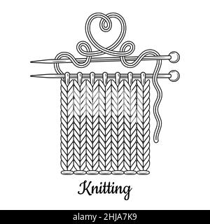 Knit handmade with knitting needle line icon. Hand knitted fabric from yarn, handwork textile knitwear clothing. Needlework. Knitter workshop. Vector Stock Vector