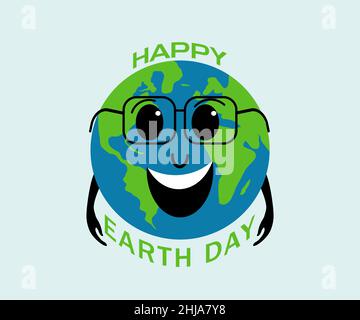 illustration of the earth in glasses, with a wide smile on the lips, to commemorate earth day Stock Vector