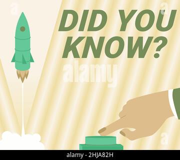Inspiration showing sign Did You Know Question. Business approach when you are asking someone if they know fact or event Man Hand Pressing Button To Stock Photo