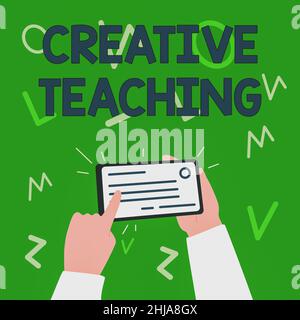 Hand writing sign Creative Teaching. Word for the act of coaching in novel way that promotes growth Illustration Of Hand Holding Important Stock Photo