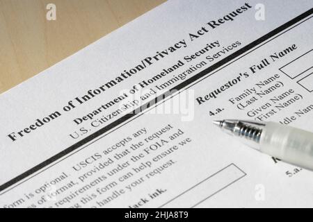 Closeup of Form G-639, Freedom of Information Privacy Act Request. FOIA request concept. Stock Photo