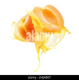 apricots in juice splash isolated on a white background. Stock Photo