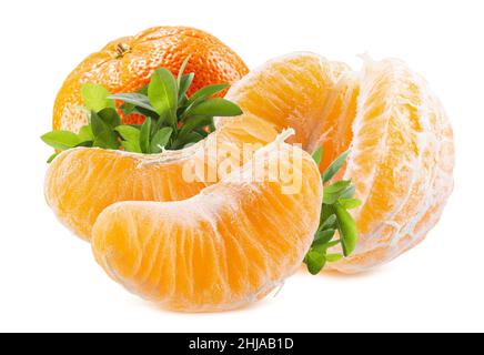 group of tangerine with green leaves isolated on a white background. Stock Photo