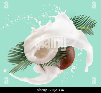 coconuts with green leaves and milk splash on light green background. Stock Photo