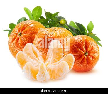 group of tangerine with green leaves isolated on a white background. Stock Photo