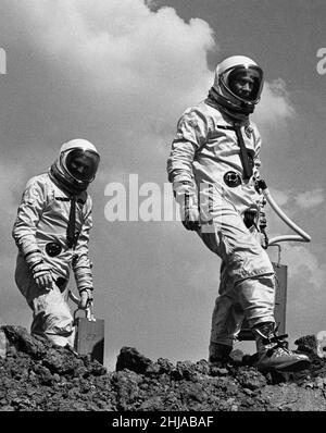 Astronauts Edwin Eugene Buzz Aldrin (right) and Theodore Cordy Ted Freeman (left) seen here at the Johnson Space Centre in Houston, Texas. Where they were training for the Gemini space program. 30th October 1964Astronaut Ted Freeman sadly died in an aircraft accident the day after this image was captured Stock Photo