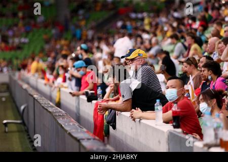 Melbourne, Australia, 27 January, 2022. Soccer fans are seen waiting for kick off during the World Cup Qualifier football match between Australia Socceroos and Vietnam on January 27, 2022 at AAMI Park in Melbourne, Australia. Credit: Dave Hewison/Speed Media/Alamy Live News Stock Photo