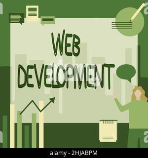 Conceptual display Web Development. Word for dealing with developing websites for hosting via intranet Businesswoman Casual Standing Presenting Charts Stock Photo