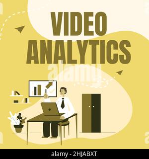 Text caption presenting Video Analytics. Word Written on analyzing video to detect and determine temporal event Man Sitting On Desk Working And Stock Photo