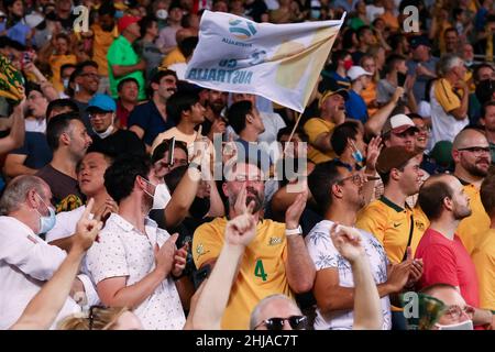 Melbourne, Australia, 27 January, 2022. Socceroos fans cheer during the World Cup Qualifier football match between Australia Socceroos and Vietnam on January 27, 2022 at AAMI Park in Melbourne, Australia. Credit: Dave Hewison/Speed Media/Alamy Live News Stock Photo