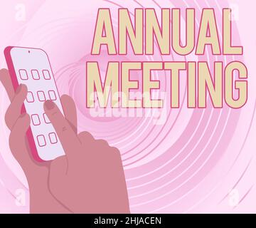 Conceptual caption Annual Meeting. Conceptual photo a meeting of the general membership of an organization Hands Holding Technological Device Pressing Stock Photo