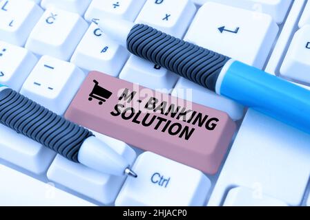 Hand writing sign M banking Solution. Word Written on conduct financial transaction remotely by mobile device Developing New Interactive Website Stock Photo