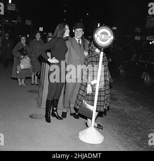 Actress Diana Rigg, 26, the new heroine of the television series 'The Avengers' today met her leading man, Patrick Macnee at the Cheshire Cheese in Fleet Street. 14th December 1964. Stock Photo