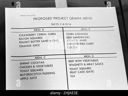 British Personnel at NASA Manned Spacecraft Center, where human spaceflight training, research, and flight control are conducted, Houston, Texas, USA, Monday 2nd November 1964. Our picture shows ... proposed Project Gemini Menu plans.  Renamed Johnson Space Center (1973) in honour of the late US President and native Texas, Lyndon B. Johnson. Stock Photo