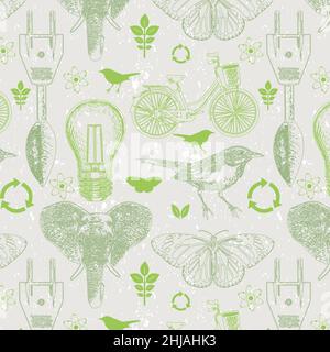 Eco seamless pattern vector. Icons vintage with environment theme. Stock Vector