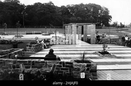 Kirkby, a town in the Metropolitan Borough of Knowsley, Merseyside, England. Our picture shows, new ornamental gardens, recently completed by the urban council at the junction of Kirkby Row and Hall Lane, not far from St Chad's Church, 24th August 1962. Stock Photo
