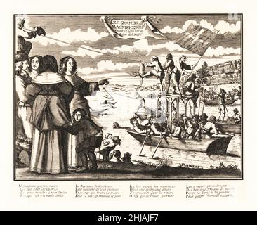 Water games on the Seine for a royal festival, 1660. Part of the Grand Magnificences to celebrate the return of King Louis XIV and Maria Teresa, Infanta of Spain, to Paris. Sailors on rowboats joust with poles while a group of men on a boat with an elevated platform try to grab a goose hanging from a rope. La joute sur l'eau et le jeu de l'oyson. Lithograph from Henry Rene d’Allemagne’s Recreations et Passe-Temps, Games and Pastimes, Hachette, Paris, 1906. Stock Photo