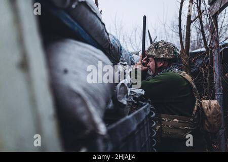 Marinka, Donetsk, Ukraine. 27th Feb, 2021. A Soldier Of The Ukrainian 