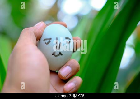 Duck egg in man's hand on blurred background Stock Photo