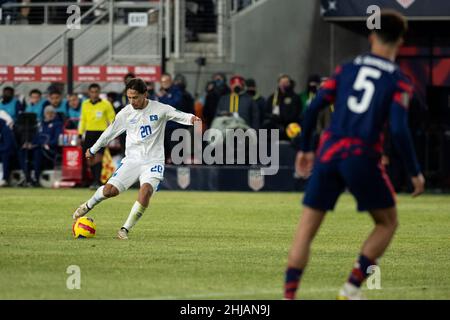 January 27, 2022: El Salvador Midfielder Enrico DueÃ±as (20) kicks toward his team in attempt to score. The United States Men's National Team defeated El Salvador 1-0 at Lower.com Field in Columbus, Ohio. Billy Schuerman/CSM Stock Photo