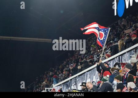January 27, 2022: A spectator waves an Ohio flag from the stands. The United States Men's National Team defeated El Salvador 1-0 at Lower.com Field in Columbus, Ohio. Billy Schuerman/CSM Stock Photo