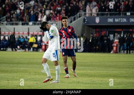 January 27, 2022: El Salvador Midfielder Alex Roldan (15) reacts to a missed attempt at goal. The United States Men's National Team defeated El Salvador 1-0 at Lower.com Field in Columbus, Ohio. Billy Schuerman/CSM Stock Photo