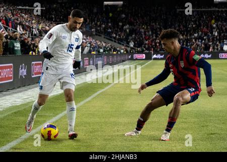 January 27, 2022: El Salvador Midfielder Alex Roldan (15) is defender by United States Defender Antonee Robinson (5). The United States Men's National Team defeated El Salvador 1-0 at Lower.com Field in Columbus, Ohio. Billy Schuerman/CSM Stock Photo