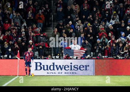 January 27, 2022: Fans cheer as United States Forward Christian Pulisic (10) sets up for a corer kick. The United States Men's National Team defeated El Salvador 1-0 at Lower.com Field in Columbus, Ohio. Billy Schuerman/CSM Stock Photo