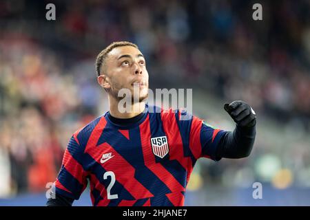 January 27, 2022: United States Defender Sergino Dest (2) looks toward the scoreboard to watch a replay. The United States Men's National Team defeated El Salvador 1-0 at Lower.com Field in Columbus, Ohio. Billy Schuerman/CSM Stock Photo
