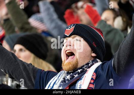 January 27, 2022: A USA fan reacts to a goal from United States Defender Antonee Robinson (5). The United States Men's National Team defeated El Salvador 1-0 at Lower.com Field in Columbus, Ohio. Billy Schuerman/CSM Stock Photo