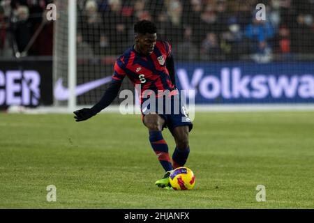 January 27, 2022: United States Midfielder Yunus Musah (6) kicks the ball downfield. The United States Men's National Team defeated El Salvador 1-0 at Lower.com Field in Columbus, Ohio. Billy Schuerman/CSM Stock Photo