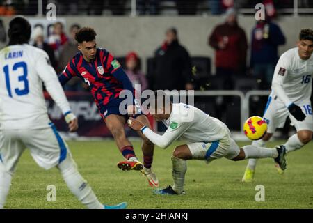 January 27, 2022: United States Defender Antonee Robinson (5) takes a shot at goal. The United States Men's National Team defeated El Salvador 1-0 at Lower.com Field in Columbus, Ohio. Billy Schuerman/CSM Stock Photo