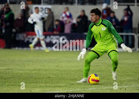 January 27, 2022: El Salvador Goal Keeper Mario Gonzalez (1) looks for a teammate to pass. The United States Men's National Team defeated El Salvador 1-0 at Lower.com Field in Columbus, Ohio. Billy Schuerman/CSM Stock Photo