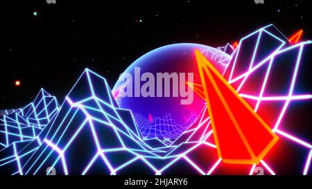 Neon grid mountains landscape in 80s synthwave or retrowave style with glass dome or sphere and red triangular spikes. Arcade game style Stock Photo