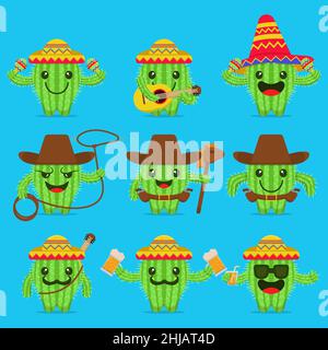 vector illustration of a set of mexican cactus characters with various styles and expressions Stock Vector