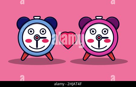 Vector illustration of cute clock mascot in love. flat design illustration Stock Vector