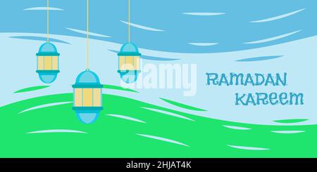 flat design drawing kid lantern banner ramadan kareem. vector illustration Stock Vector