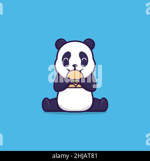 Vector illustration of cute panda eating hamburger. flat design illustration Stock Vector