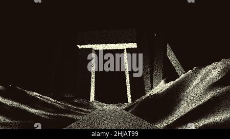 Ancient ruins in sci-fi scene with dotwork retro style. Mysterious gate debris with dramatic lights and retro texture Stock Vector