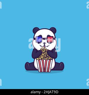 Vector illustration of cute panda watching cinema eating pop corn. flat design illustration Stock Vector