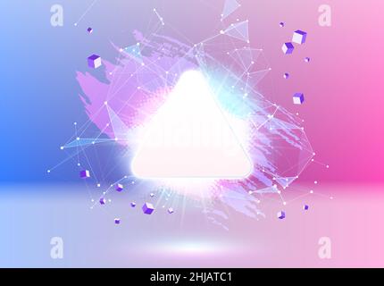 Abstract pink and blue vaporwave styled background with shiny neon frame, brush stroke, halftone blot and triangular dotted grid. Stock Vector