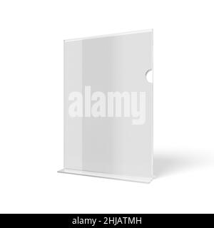 Transparent Table Top Acrylic A5 Brochure Stand Isolated on a White Background with paper insert. Stock Photo