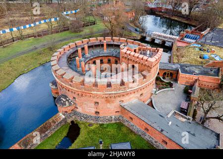 KALININGRAD REGIONAL AMBER MUSEUM. It is housed in a fortress tower dating from the mid-nineteenth century, From Drone Stock Photo