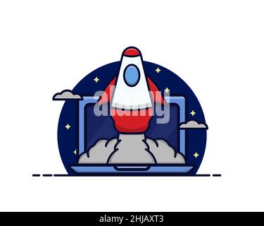 vector illustration of laptop surfing the internet at night. flat design illustration Stock Vector