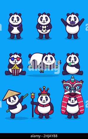 A set of cute panda characters with various activities and styles Stock Vector