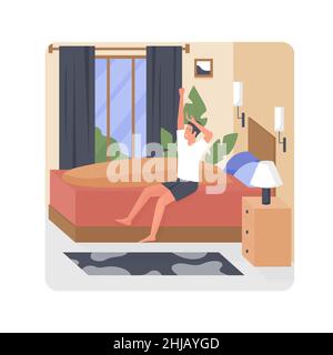 Sleepy boy getting up in his cozy bedroom. Morning waking up routine and day beginning cartoon vector illustration Stock Vector
